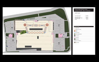 PROPOSED ROOF LEVEL
 LAYOUT PLAN : NOT TO SCALE

 ROOF PLAN


 TOTAL ROOF AREA         42 250m²

 PITCH ROOF AREA         33 070m²
 SEMI-CIRCLE ROOF AREA   3 503 m²
 FLAT ROOF AREA          2 918 m²
 DOME                      405 m²




COLOUR LEGEND

   PITCH ROOF

   SEMI-CIRCLE ROOF

   DOME

   GLASS ROOF

   OPEN GARDEN ROOF

   FLAT ROOF

   VOID AREA

   LANSCAPE

   ROOD & PARKING

   ROCK WALL
 