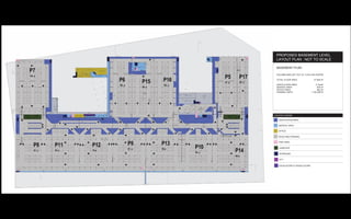 PROPOSED BASEMENT LEVEL
 LAYOUT PLAN : NOT TO SCALE

 BASEMENT PLAN

 COLUMN GRID SET OUT AT 12 BY 8 M CENTRE

 TOTAL FLOOR AREA               47 848 m²

 CIRCULATION AREA                 3 150m²
 SERVICE AREA                       978 m²
 OFFICE AREA                        565 m²
 PARKING UNITS                1 164 UNITS




COLOUR LEGEND

   CIRCULATION AREA

   SERVICE AREA

   OFFICE

   ROAD AND PARKING

   VOID AREA

   LANSCAPE

   STAIRCASE

   LIFT


   ESCALATORS & TRAVELATORS
 
