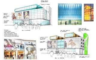 Entrance
Create theatre
Alive, fashion branding
Colour and lighting – theme
Anchor to future open space
Use building as brand statement
 