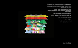 Circulation and Planning Option 2 – Key features

Basement: As Option 1 but with opportunity for a “fashion”-eating
                                   eating place for front anchor

                     Ground: Double height retail anchors at front
  Escalators rise in stages – existing opening size extended back
                                                  toward entrance

                 First: Rotunda ‘gallery’ connecting front anchors

           Second: Large unit to front, conventional square mall

                              Third: Entertainment and Electrical

                                                  Fourth: Car park

                                 Fifth: Fitness/leisure and offices
                                            Feature lift to all levels
 