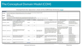 The Conceptual Domain Model (CDM)
Excerpt from the ‘Specimen’ sheet of the CDM Data Dictionary (link)
Attribute Deﬁnitions Mappings
 