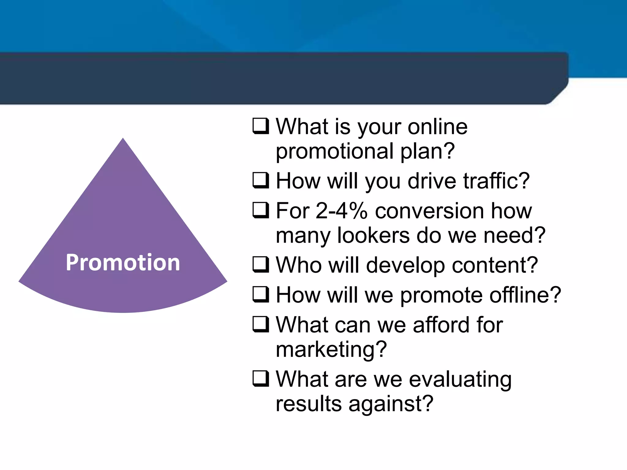 Promotion
 What is your online
promotional plan?
 How will you drive traffic?
 For 2-4% conversion how
many lookers do we need?
 Who will develop content?
 How will we promote offline?
 What can we afford for
marketing?
 What are we evaluating
results against?
 