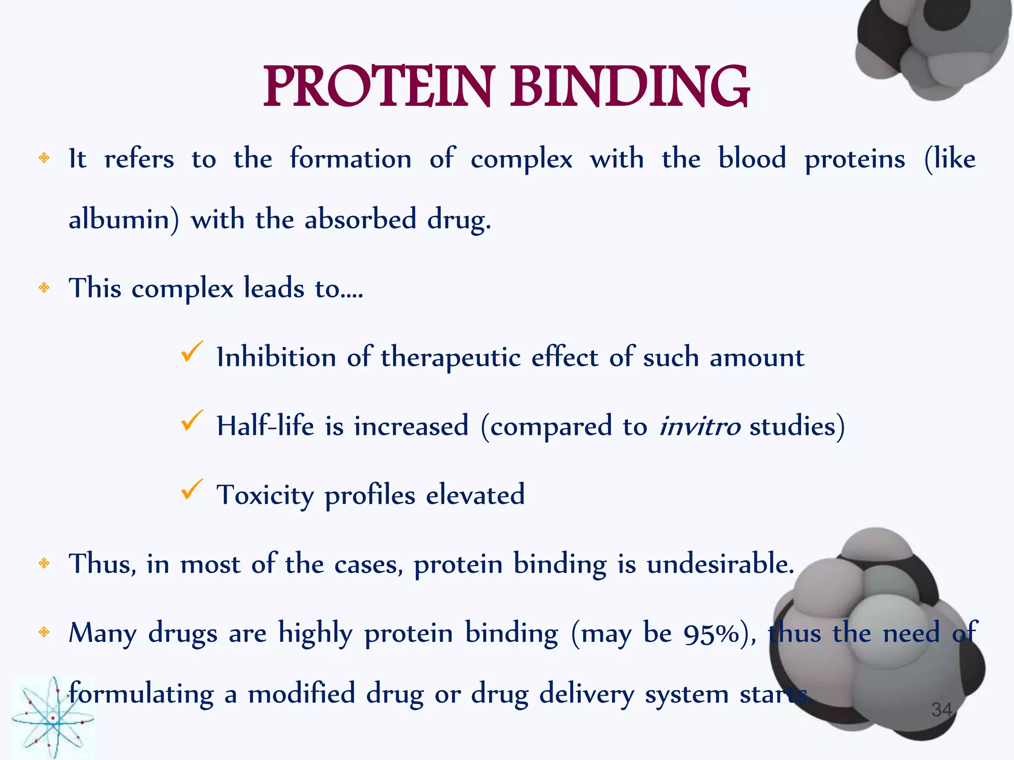 PROTEIN BINDING 
• It refers to the formation of complex with the blood proteins (like 
albumin) with the absorbed drug. 
• This complex leads to…. 
 Inhibition of therapeutic effect of such amount 
 Half-life is increased (compared to invitro studies) 
 Toxicity profiles elevated 
• Thus, in most of the cases, protein binding is undesirable. 
• Many drugs are highly protein binding (may be 95%), thus the need of 
formulating a modified drug or drug delivery system starts. 
34 
 