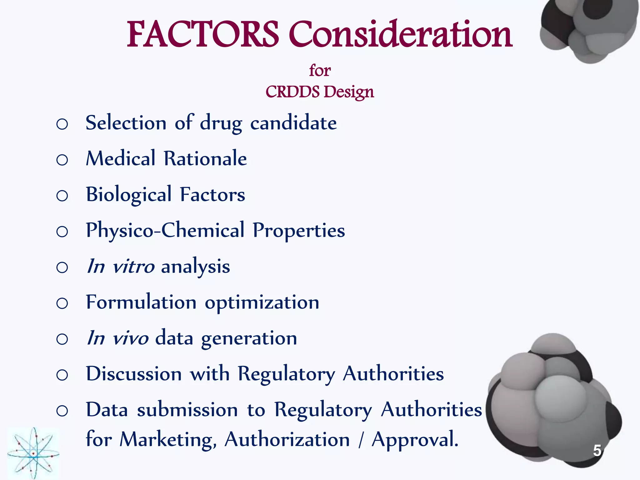 FACTORS Consideration 
for 
CRDDS Design 
o Selection of drug candidate 
o Medical Rationale 
o Biological Factors 
o Physico-Chemical Properties 
o In vitro analysis 
o Formulation optimization 
o In vivo data generation 
o Discussion with Regulatory Authorities 
o Data submission to Regulatory Authorities 
for Marketing, Authorization / Approval. 
5 
 