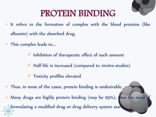PROTEIN BINDING 
• It refers to the formation of complex with the blood proteins (like 
albumin) with the absorbed drug. 
• This complex leads to…. 
 Inhibition of therapeutic effect of such amount 
 Half-life is increased (compared to invitro studies) 
 Toxicity profiles elevated 
• Thus, in most of the cases, protein binding is undesirable. 
• Many drugs are highly protein binding (may be 95%), thus the need of 
formulating a modified drug or drug delivery system starts. 
34 
 