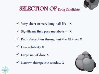 SELECTION OF Drug Candidate 
 Very short or very long half-life X 
 Significant first pass metabolism X 
 Poor absorption throughout the GI tract X 
 Low solubility X 
 Large no. of dose X 
 Narrow therapeutic window X 
6 
 