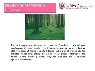EJEMPLO DE DESCRIPCIÓN
OBJETIVA
En la imagen se observa un bosque frondoso , en el que
predomina el color verde. Los árboles tienen un tronco robusto,
alto y fuerte. El musgo verde intenso sube por el tronco de los
árboles hasta una altura de un metro y cubre totalmente las
rocas. Entre árbol y árbol hay un especio de 3 metros
aproximadamente.
 