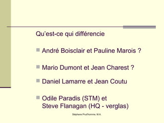 Stéphane Prud'homme, M.A.
Qu’est-ce qui différencie
 André Boisclair et Pauline Marois ?
 Mario Dumont et Jean Charest ?
 Daniel Lamarre et Jean Coutu
 Odile Paradis (STM) et
Steve Flanagan (HQ - verglas)
 