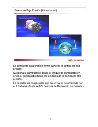 11
Bomba de Baja Presión (Alimentación)
BOMBA DE BAJA PRESIBOMBA DE BAJA PRESIÓÓNN
BOMBA DE BAJA PRESIBOMBA DE BAJA PRESIÓÓNN
La bomba de baja presión forma parte de la bomba de alta
presión.
Succiona el combustible desde el tanque de combustible y
envía el combustible hacia los émbolos de la bomba de alta
presión.
La cantidad de combustible que se envía es determinada por
el ECM a través de la IMV (Válvula de Derivación de Entrada).
 