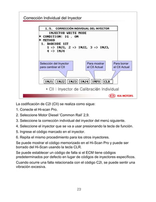 23
Corrección Individual del Inyector
Para mostrar
el CII Actual
Para borrar
el CII Actual
Selección del Inyector
para cambiar el CII
* CII : Inyector de Calibración Individual
CORRECCICORRECCIÓÓN INDIVIDUAL DEL INYECTORN INDIVIDUAL DEL INYECTOR
La codificación de C2I (CII) se realiza como sigue:
1. Conecte el Hi-scan Pro.
2. Seleccione Motor Diesel ‘Common Rail’ 2,9.
3. Seleccione la corrección individual del inyector del menú siguiente.
4. Seleccione el inyector que se va a usar presionando la tecla de función.
5. Ingrese el código marcado en el inyector.
6. Repita el mismo procedimiento para los otros inyectores.
Se puede mostrar el código memorizado en el Hi-Scan Pro y puede ser
borrado del Hi-Scan usando la tecla CLR.
Se puede establecer un código de falla si el ECM tiene códigos
predeterminados por defecto en lugar de códigos de inyectores específicos.
Cuando ocurre una falla relacionada con el código C2I, se puede sentir una
vibración excesiva.
 