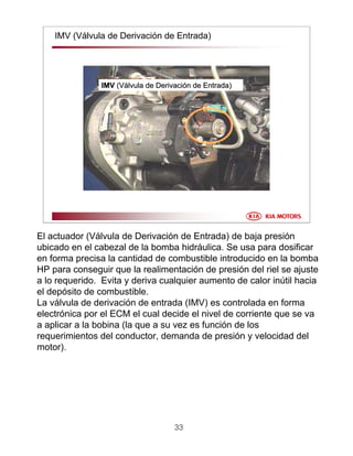 33
IMV (Válvula de Derivación de Entrada)
IMVIMV (V(Váálvula de Derivacilvula de Derivacióón de Entrada)n de Entrada)
El actuador (Válvula de Derivación de Entrada) de baja presión
ubicado en el cabezal de la bomba hidráulica. Se usa para dosificar
en forma precisa la cantidad de combustible introducido en la bomba
HP para conseguir que la realimentación de presión del riel se ajuste
a lo requerido. Evita y deriva cualquier aumento de calor inútil hacia
el depósito de combustible.
La válvula de derivación de entrada (IMV) es controlada en forma
electrónica por el ECM el cual decide el nivel de corriente que se va
a aplicar a la bobina (la que a su vez es función de los
requerimientos del conductor, demanda de presión y velocidad del
motor).
 