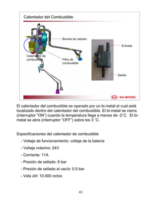 46
Calentador del Combustible
Calentador de
combustible Filtro de
combustible
Bomba de cebado
Salida
Entrada
El calentador del combustible es operado por un bi-metal el cual está
localizado dentro del calentador del combustible. El bi-metal se cierra
(interruptor “ON”) cuando la temperatura llega a menos de -2°C. El bi-
metal se abre (interruptor “OFF”) sobre los 3 °C.
Especificaciones del calentador de combustible
- Voltaje de funcionamiento: voltaje de la batería
- Voltaje máximo: 24V
- Corriente: 11A
- Presión de sellado: 6 bar
- Presión de sellado al vacío: 0,5 bar
- Vida útil: 10.000 ciclos
 
