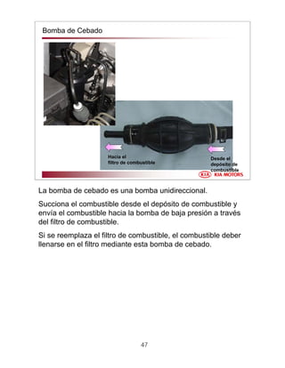 47
Bomba de Cebado
Desde el
depósito de
combustible
Hacia el
filtro de combustible
La bomba de cebado es una bomba unidireccional.
Succiona el combustible desde el depósito de combustible y
envía el combustible hacia la bomba de baja presión a través
del filtro de combustible.
Si se reemplaza el filtro de combustible, el combustible deber
llenarse en el filtro mediante esta bomba de cebado.
 