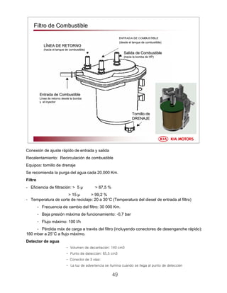 49
Filtro de Combustible
Entrada de CombustibleEntrada de Combustible
LLíínea de retorno desde la bombanea de retorno desde la bomba
y el inyectory el inyector
Salida de CombustibleSalida de Combustible
(hacia la bomba de HP)(hacia la bomba de HP)
Tornillo deTornillo de
DRENAJEDRENAJE
LLÍÍNEA DE RETORNONEA DE RETORNO
(hacia el tanque de combustible)(hacia el tanque de combustible)
(desde el tanque de combustible)(desde el tanque de combustible)
Conexión de ajuste rápido de entrada y salida
Recalentamiento: Recirculación de combustible
Equipos: tornillo de drenaje
Se recomienda la purga del agua cada 20.000 Km.
Filtro
- Eficiencia de filtración: > 5 µ > 87,5 %
> 15 µ > 99,2 %
- Temperatura de corte de reciclaje: 20 a 30°C (Temperatura del diesel de entrada al filtro)
- Frecuencia de cambio del filtro: 30 000 Km.
- Baja presión máxima de funcionamiento: -0,7 bar
- Flujo máximo: 100 l/h
- Pérdida máx de carga a través del filtro (incluyendo conectores de desenganche rápido):
180 mbar a 25°C a flujo máximo.
Detector de agua
- Volumen de decantación: 140 cm3
- Punto de detección: 65,5 cm3
- Conector de 3 vías:
- La luz de advertencia se ilumina cuando se llega al punto de detección
 
