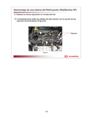 59
Desmontaje de una tubería del Riel/inyector (Riel/Bomba HP)
9. Realice la misma operación en el lado del riel.
10. Inmediatamente selle las salidas de alta presión con la ayuda de los
tapones recomendados (Figura 6).
Tapones
(Figura 6)
 