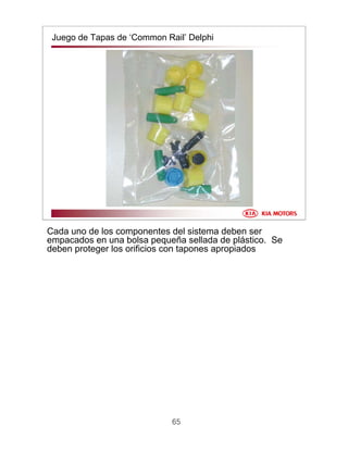 65
Juego de Tapas de ‘Common Rail’ Delphi
Cada uno de los componentes del sistema deben ser
empacados en una bolsa pequeña sellada de plástico. Se
deben proteger los orificios con tapones apropiados
 