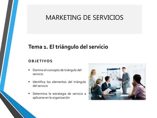 MARKETING DE SERVICIOS
Tema 1. El triángulo del servicio
OBJETIVOS
 Domina el concepto de triángulo del
servicio
 Identifica los elementos del triángulo
del servicio
 Determina la estrategia de servicio a
aplicarse en la organización
 
