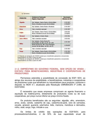 3.1.2. EMPRÉSTIMO DO GOVERNO FEDERAL, SEM OPÇÃO DE VENDA -
EGF/SOV PARA BENEFICIADORES, INDÚSTRIAS E COOPERATIVAS DE
PRODUTORES
Permanece estendida a possibilidade de concessão de EGF/ SOV, ao
abrigo dos recursos da exigibilidade, a beneficiadores, indústrias e cooperativas
de produtores rurais que beneficiem ou industrializem seus produtos, conforme o
disposto no MCR 4.1, atualizado pela Resolução CMN/BACEN nº 2.995, de
03/07/2002.
É necessário que essas empresas comprovem ao agente financeiro a
aquisição da matéria-prima, diretamente de produtores rurais ou de suas
cooperativas, por preço nunca inferior ao preço mínimo fixado.
Os produtos beneficiados são os seguintes: algodão, alho, amendoim,
arroz, aveia, canola, castanha de caju, castanha-do-pará, cera de carnaúba,
cevada, girassol, guaraná, juta/malva, leite, mamona, mandioca e derivados,
milho, sisal, sorgo, trigo, triticale e uva.
Os limites de crédito das operações de EGF/SOV, para
processadores/indústrias, é de 50% de sua capacidade anual de
 