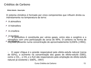Créditos de Carbono Efeito Estufa - Descrição: O sistema climático é formado por cinco componentes que influem direta ou indiretamente na temperatura da terra: A atmosfera A hidrosfera A criosfera A biosfera A geosfera O vapor d’água é o grande responsável pelo efeito-estufa natural (cerca de 65%), o aumento na concentração dos gases de efeito-estufa (GEE), como o CO 2  , o CH 4  e o N 2 0 são responsáveis pela ampliação do efeito-estufa natural já existente  ( SAEFL, 1997) A atmosfera é constituída por vários gases, entre eles o oxigênio e o nitrogênio com uma participação de cerca de 99%. O carbono na forma de CO 2  está presente numa concentração de aproximadamente 0,036%  (1994) ; 