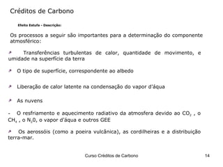 Créditos de Carbono Efeito Estufa - Descrição: Os processos a seguir são importantes para a determinação do componente atmosférico: Transferências turbulentas de calor, quantidade de movimento, e umidade na superfície da terra O tipo de superfície, correspondente ao albedo Liberação de calor latente na condensação do vapor d’áqua  As nuvens O resfriamento e aquecimento radiativo da atmosfera devido ao CO 2  , o CH 4  , o N 2 0, o vapor d’áqua e outros GEE Os aerossóis (como a poeira vulcânica), as cordilheiras e a distribuição terra-mar. 