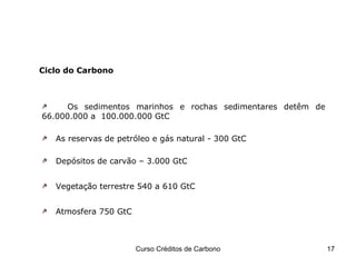 Os sedimentos marinhos e rochas sedimentares detêm de 66.000.000 a  100.000.000 GtC O efeito-estufa e o Carbono Ciclo do Carbono As reservas de petróleo e gás natural - 300 GtC Depósitos de carvão – 3.000 GtC Vegetação terrestre 540 a 610 GtC Atmosfera 750 GtC 