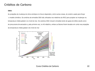 Créditos de Carbono IS92: As projeções da mudança do clima antrópica no futuro dependem, entre outras coisas, do cenário usado para forçar o modelo climático. Os cenários de emissões IS92 são utilizados nos relatórios do IPCC para projetar as mudanças na  temperatura média global e no nível do mar. Os cenários IS92 incluem emissões tanto de gases de efeito estufa como  de precursores de aerossóis e, pela primeira vez, no 40 relatório, ambos os fatores foram levados em conta nas projeções  da temperatura média global e do nível do mar  