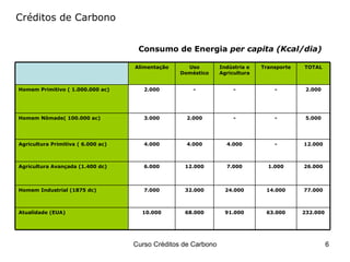 Créditos de Carbono Consumo de Energia  per capita (Kcal/dia) 77.000 14.000 24.000 32.000 7.000 Homem Industrial (1875 dc) 232.000 63.000 91.000 68.000 10.000 Atualidade (EUA) 26.000 1.000 7.000 12.000 6.000 Agricultura Avançada (1.400 dc) 12.000 - 4.000 4.000 4.000 Agricultura Primitiva ( 6.000 ac) 5.000 - - 2.000 3.000 Homem Nômade( 100.000 ac) 2.000 - - - 2.000 Homem Primitivo ( 1.000.000 ac) TOTAL Transporte Indústria e Agricultura Uso Doméstico Alimentação 