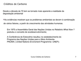 Créditos de Carbono Desde a década de 70 tem se tornado mais aparente a realidade da degradação ambiental As evidências mostram que os problemas ambientais se devem à combinação de vários fatores, a partir do crescimento das atividades humanas.  Em 1975 a Assembléia Geral das Nações Unidas no Relatório  What Now ?  postulou o conceito de ecodesenvolvimento; A Conferência de Estocolmo resultou no estabelecimento do  Programa das Nações Unidas para o Meio Ambiente-  PNUMA ( United Nations Enviroment Programme- UNEP); 