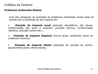 Créditos de Carbono Uma das categorias de avaliação de problemas ambientais divide estes de acordo com a amplitude de seu impacto em: Problemas Ambientais Globais Poluição de Impacto Local  (poluição atmosférica, das águas, contaminação dos solos e subsolos, poluição térmica, contaminação radiotiva, poluição sonora etc) ; Poluição de Impacto Regional   (chuva ácida, problemas locais de amplitude maiores); Poluição de Impacto Global   (depleção da camada de ozônio, aquecimento global, efeito-estufa); 