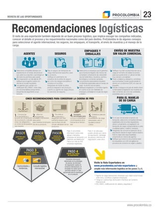 23REVISTA DE LAS OPORTUNIDADES
www.procolombia.co
AGENTES
Recomendaciones logísticas
EMPAQUES Y
EMBALAJESSEGUROS
ENVÍOS DE MUESTRA
SIN VALOR COMERCIAL
PARA EL MANEJO
DE SU CARGA
El éxito de una exportación también depende de un buen proceso logístico, que implica escoger las compañías indicadas,
conocer al detalle el proceso y los requerimientos nacionales como del país destino. ProColombia le da algunos consejos
para seleccionar el agente internacional, los seguros, los empaques, el transporte, el envío de muestras y el manejo de la
carga.
Seleccione compañías idóneas con
experiencia en el manejo del producto
que usted va a exportar y que tengan al
día todos los permisos para operar.
Si la negociación va más allá de CIF2
,
verifique que el agente cuente con
oficinas en el país importador.
Los agentes que cuentan con
certificación ISO, BASC3
, entre otras,
son recomendables porque tienen
esquemas de seguimiento a sus
servicios.
Elija un seguro de transporte de
carga internacional específico para
su producto.
Verifique el cubrimiento de
siniestros de la póliza de seguro,
así como los riesgos excluibles e
incluidos en la póliza.
Asegúrese de recibir la póliza
previa al despacho del producto,
cuando su agente de carga ofrezca
los servicios de seguros.
Seleccione un empaque que le garantice
que el producto llegará a las manos del
comprador conservando las característi-
cas de índole física, mecánica, química,
tecnológica y comercial, pactadas.
Los productos perecederos requieren
condiciones especiales para el manejo de
cade- na de frío (ver recuadro).
Verifique la legislación y normativa vigente
en cuanto al uso de materiales de
empaque y embalaje en el país de origen
y destino.
Verifique muy bien el peso/volumen de su
carga al momento de realizar los envíos
para que pueda tener un cálculo de flete
muy cercano a la realidad.
Previo a realizar su despacho, cerciórese
que la empresa Courier pueda prestar el
servicio en condiciones DDP2 en caso de
requerirlo.
Estudie e indague si el país de destino tiene
contemplada la legislación de muestras sin
valor comercial, así como las cantidades
aceptadas para su producto.
En el caso de tercerizar el servicio de
transporte, seleccione compañías idóneas,
registradas ante los entes reguladores,
dando cumplimiento a la legislación de
transporte de carga correspondiente a cada
modalidad (aéreo, marítimo, terrestre).
Asegúrese de conocer la operación de su
exportación desde el origen hasta el destino
final (no dejar esta responsabilidad
únicamente en manos del agente).
Verifique que todos los documentos sean
los requeridos con el fin de agilizar los
procesos de comercio en origen y destino.
Paso 3: encontrará
información sobre rutas
aéreas y terrestres,
empresas de transporte y un
Directorio de Distribución
Física con más de 400
empresas registradas.
Paso 4: en este paso
puede calcular sus costos
de exportación, estrategia
de precios y términos de
negociación, entre otros.
1. 2. 3. 4. 5.
Visite la Ruta Exportadora en
www.procolombia.co/ruta-exportadora y
amplíe más información logística en los pasos 3 y 4.
PASO1
¿Está listo para
exportar?
PASO2
indentifique la
potencialidad de
su producto
PASO5
conozca las
herramientas de
promoción
Agente de carga internacional: empresas cuyo objeto social incluye,
entre otros, coordinar y organizar embarques.
Tenga en cuenta el tipo de Incoterm (Términos de Comercio
Internacional).
ISO, BASC, certificaciones de calidad y seguridad.Z
1
2
3
1
Conozca las
características y
tiempos de conservación
de su producto y estudie
el tipo de refrigerante y
el control de temperatura
que requiere.
Utilice los
empaques,
embalajes y accesorios
adecuados
para mantener la tempera-
tura de su producto.
Pre enfríe el
contenedor y
asegúrese que haya
suficiente espacio para
que los flujos de aire
circulen alrededor de los
productos.
Incorpore
tecnologías para
conocer la trazabilidad
y la temperatura de la
mercancía en tiempo
real.
Establezca alianzas
para la
consolidación de carga
perecedera, esto le
ayudará a reducir
costos.
 