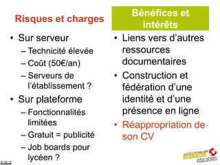 Bénéfices et
 Risques et charges
                               intérêts
• Sur serveur           • Liens vers d’autres
  – Technicité élevée     ressources
  – Coût (50€/an)         documentaires
  – Serveurs de         • Construction et
    l’établissement ?     fédération d’une
• Sur plateforme          identité et d’une
  – Fonctionnalités       présence en ligne
    limitées            • Réappropriation de
  – Gratuit = publicité   son CV
  – Job boards pour
    lycéen ?
 