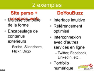 2 exemples
   Site perso +               DoYouBuzz
  services web
• Maitrise complète       • Interface intuitive
  de la forme             • Référencement
• Encapsulage de            optimisé
  contenus                • Interconnexion
  extérieurs                avec d’autres
  – Scribd, Slideshare,     services en ligne
    Flickr, Diigo           – Twitter, Facebook,
                              LinkedIn, etc..
                          • Portfolio
                            numérique
 
