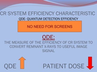 CR SYSTEM EFFICIENCY CHARACTERISTIC
QDE- QUANTUM DETECTION EFFICIENCY

NO NEED FOR SCREENS

QDE:

THE MEASURE OF THE EFFICIENCY OF CR SYSTEM TO
CONVERT REMNANT X-RAYS TO USEFUL IMAGE
SIGNAL

QDE

PATIENT DOSE

 