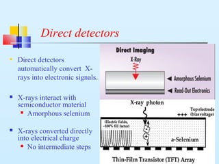 Direct detectors
• Direct detectors
automatically convert X-
rays into electronic signals.
 X-rays interact with
semiconductor material
 Amorphous selenium
 X-rays converted directly
into electrical charge
 No intermediate steps
 