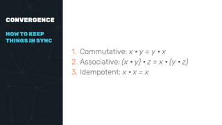 CONVERGENCE
1. Commutative: x • y = y • x
2. Associative: (x • y) • z = x • (y • z)
3. Idempotent: x • x = x
HOW TO KEEP
THINGS IN SYNC
 