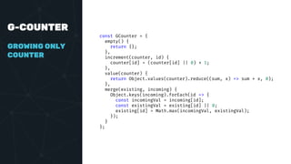 G-COUNTER
GROWING ONLY
COUNTER
const GCounter = {
empty() {
return {};
},
increment(counter, id) {
counter[id] = (counter[id] || 0) + 1;
},
value(counter) {
return Object.values(counter).reduce((sum, x) => sum + x, 0);
},
merge(existing, incoming) {
Object.keys(incoming).forEach(id => {
const incomingVal = incoming[id];
const existingVal = existing[id] || 0;
existing[id] = Math.max(incomingVal, existingVal);
});
}
};
 