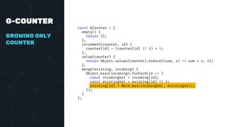 G-COUNTER
GROWING ONLY
COUNTER
const GCounter = {
empty() {
return {};
},
increment(counter, id) {
counter[id] = (counter[id] || 0) + 1;
},
value(counter) {
return Object.values(counter).reduce((sum, x) => sum + x, 0);
},
merge(existing, incoming) {
Object.keys(incoming).forEach(id => {
const incomingVal = incoming[id];
const existingVal = existing[id] || 0;
existing[id] = Math.max(incomingVal, existingVal);
});
}
};
 