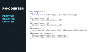 PN-COUNTER
POSITIVE
NEGATIVE
COUNTER
const PNCounter = {
empty() {
return { inc: GCounter.empty(), dec: GCounter.empty() };
},
increment(counter, id) {
GCounter.increment(counter.inc, id);
},
decrement(counter, id) {
GCounter.increment(counter.dec, id);
},
value(counter) {
return GCounter.value(counter.inc) - GCounter.value(counter.dec);
},
merge(existing, incoming) {
GCounter.merge(existing.inc, incoming.inc);
GCounter.merge(existing.dec, incoming.dec);
}
};
 
