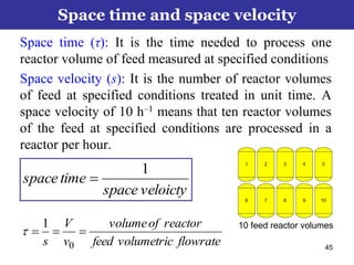 45
Space time (τ): It is the time needed to process one
reactor volume of feed measured at specified conditions
Space velocity (s): It is the number of reactor volumes
of feed at specified conditions treated in unit time. A
space velocity of 10 h‒1 means that ten reactor volumes
of the feed at specified conditions are processed in a
reactor per hour.
veloictyspace
timespace
1

Space time and space velocity
flowratevolumetricfeed
reactorofvolume
v
V
s

0
1

10 feed reactor volumes
 