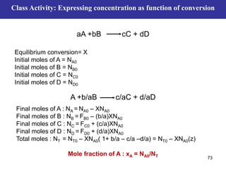 73
Class Activity: Expressing concentration as function of conversion
aA +bB cC + dD
A +b/aB c/aC + d/aD
Equilibrium conversion= X
Initial moles of A = NA0
Initial moles of B = NB0
Initial moles of C = NC0
Initial moles of D = ND0
Final moles of A : NA = NA0 – XNA0
Final moles of B : NB = FB0 – (b/a)XNA0
Final moles of C : NC = FC0 + (c/a)XNA0
Final moles of D : ND = FD0 + (d/a)XNA0
Total moles : NT = NT0 – XNA0( 1+ b/a – c/a –d/a) = NT0 – XNA0(z)
Mole fraction of A : xA = NA0/NT
 