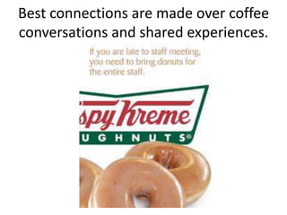 Best connections are made over coffee
conversations and shared experiences.
 