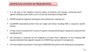 61
CRISPR/CAS SYSTEM IN PROKARYOTES
• It is the part of the adaptive immune system of bacteria and archaea, protecting them
against invading nucleic acids such as viruses by cleaving the foreign DNA
 CRISPR (clustered regularly interspaced short palindromic repeats) loci
 Cas(CRISPR aasociated) protein that can target and cleave invading DNA in sequence specific
manner
 A crispr array is composed of a series of repeats interspersed by spacer sequences acquired from
invadig genome
 The immunity is acquired by the integration of these short fragments of the invading DNA
(spacers) between two adjacent repeats of a CRISPR locus present in host genome
 The most widely used system in the type II (CRIPSR)/Cas9 system from Streptococcus pyrogenes.
 