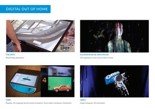 DIGITAL OUT OF HOME
THE SPOT
Wayﬁnding application
AU BONHEUR DE YAYA MOVIE
3D mapping on a live canvas, Short movie
CWK
Mapbox, 3D mapping, Synchronized animation, Touch table, Hardware, Installation
OREO
Stage Hologram, 3D Animation
 