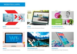 WEBSITES & APPS
BRAVO LERIDA ALL ONE FOUNDATION
Concept creation, Development, Bilingual RConcept creation, Development, Bilingual Concept creation, Development
ABILITY THE VOYAGERS CLUB POWERSASH
Concept creation, Animation, Development Concept creation, Animation, Development Mobile application, Design, Development
 