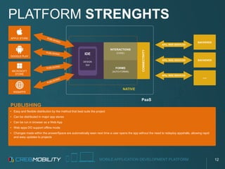 MOBILE APPLICATION DEVELOPMENT PLATFORM
• Easy and flexible distribution by the method that best suits the project
• Can be distributed in major app stores
• Can be run in browser as a Web App
• Web apps DO support offline mode
• Changes made within the answerSpace are automatically seen next time a user opens the app without the need to redeploy appshells, allowing rapid
and easy updates to projects
PLATFORM STRENGHTS
CONNECTIVITY
APPLE STORE
GOOGLE PLAY
MICROSOFT
STORE
WEBAPPS
BACKENDS
BACKENDS
...
PaaS
NATIVE
INTERACTIONS
(CODE)
FORMS
(AUTO-FORMS)
IDE
-
DESIGN
GUI
APIs, WEB SERVICES
APIs, WEB SERVICES
APIs, WEB SERVICES
PUBLISHING
12
 