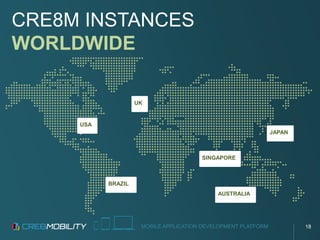 MOBILE APPLICATION DEVELOPMENT PLATFORM
USA
BRAZIL
AUSTRALIA
UK
JAPAN
SINGAPORE
CRE8M INSTANCES
WORLDWIDE
18
 