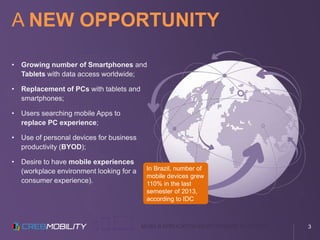 MOBILE APPLICATION DEVELOPMENT PLATFORM
A NEW OPPORTUNITY
• Growing number of Smartphones and
Tablets with data access worldwide;
• Replacement of PCs with tablets and
smartphones;
• Users searching mobile Apps to
replace PC experience;
• Use of personal devices for business
productivity (BYOD);
• Desire to have mobile experiences
(workplace environment looking for a
consumer experience).
In Brazil, number of
mobile devices grew
110% in the last
semester of 2013,
according to IDC
3
 