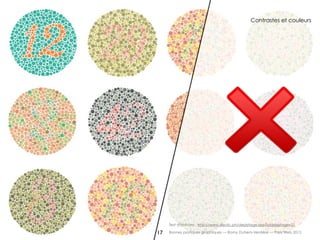 Contrastes et couleurs




     Test d’Ishihara : http://www.declic.ph/depistage.asp?iddepistage=21

17   Bonnes pratiques graphiques — Romy Duhem-Verdière — Paris Web 2012
 