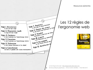 Ressources existantes




                      Les 12 règles de
                    l'ergonomie web




    Le livre Ergonomie web : http://ergonomie-sites-web.com
3   Bonnes pratiques graphiques — Romy Duhem-Verdière — Paris Web 2012
 