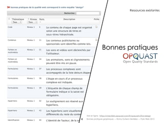 Ressources existantes




                    Bonnes pratiques




    Voir en ligne : https://checklists.opquast.com/fr/opquastv2?q=design
4   Bonnes pratiques graphiques — Romy Duhem-Verdière — Paris Web 2012
 